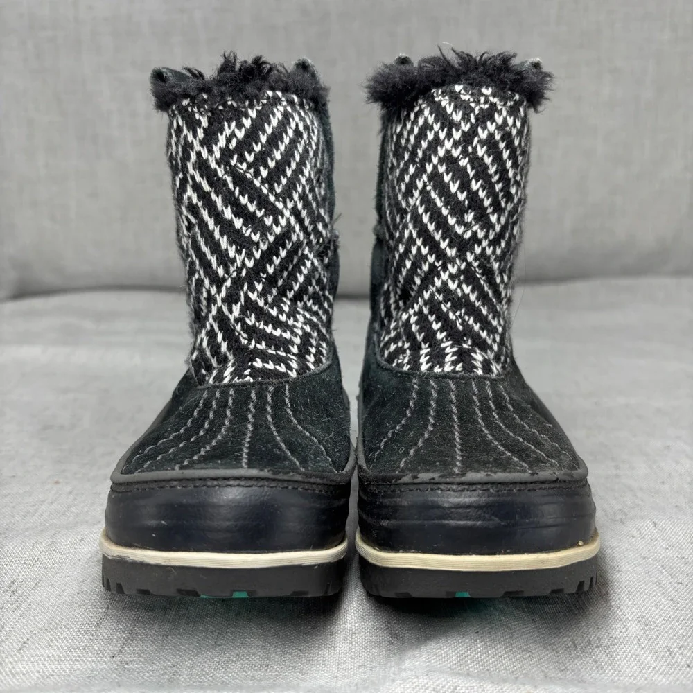 Sorel Tivoli II Winter Boots Black White Herringbone Waterproof Snow Kid Size 12